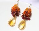 Huge Natural Citrine Briolettes with Red Garnet and Orange Carnelian Statement Cluster Earrings