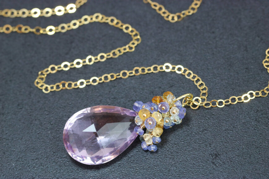 Huge Natural Pink Amethyst Pendant with Tanzanite, Topaz and Citrine in Gold Filled