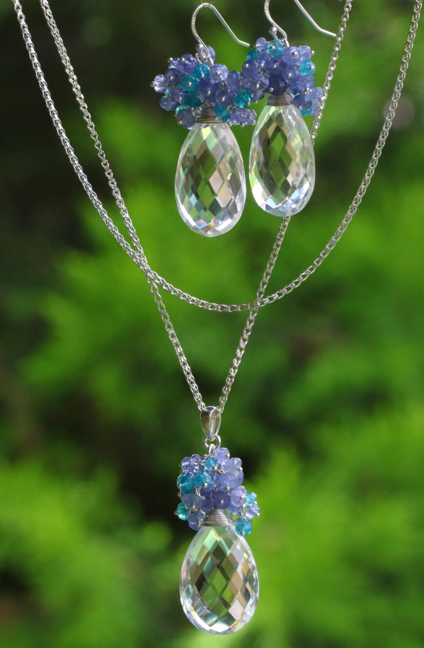 Huge Natural Rock Crystal Briolettes with Tanzanite and Apatite Silver Necklace and Earrings