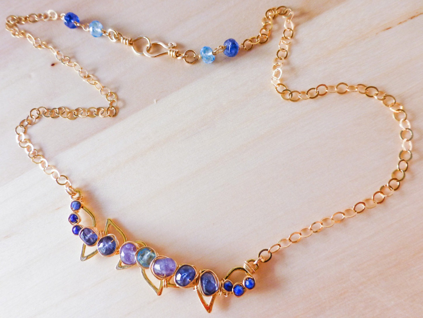 Kyanite, Lapis and Tanzanite Blue Gemstone Bar Necklace in Gold Filled