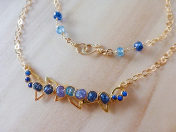 Kyanite, Lapis and Tanzanite Blue Gemstone Bar Necklace in Gold Filled