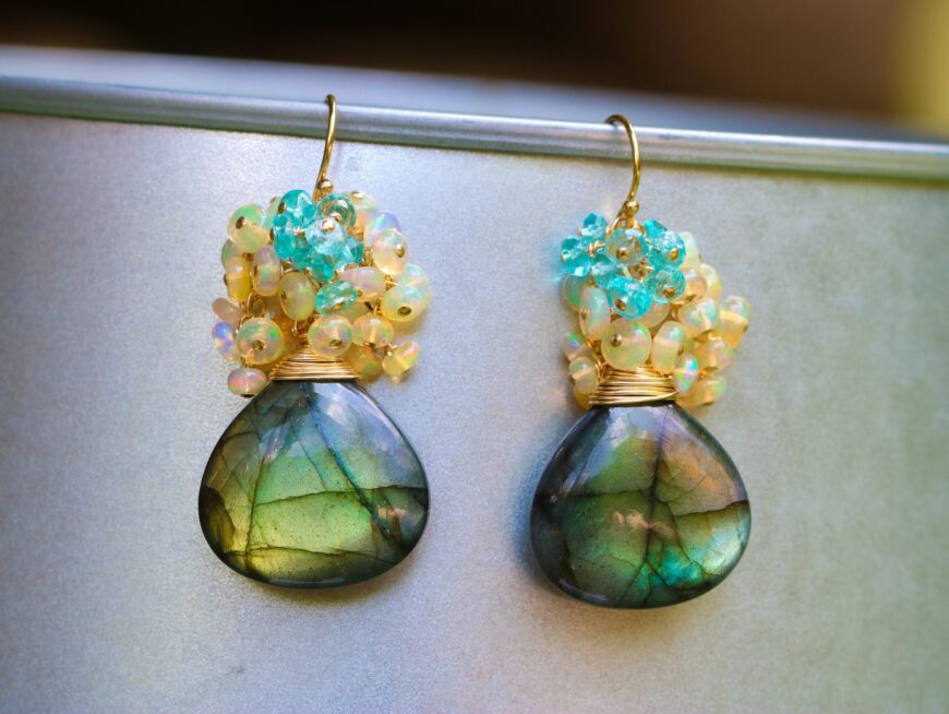Labradorite with Ethiopian Opal and Apatite Cluster Earrings in Gold Filled