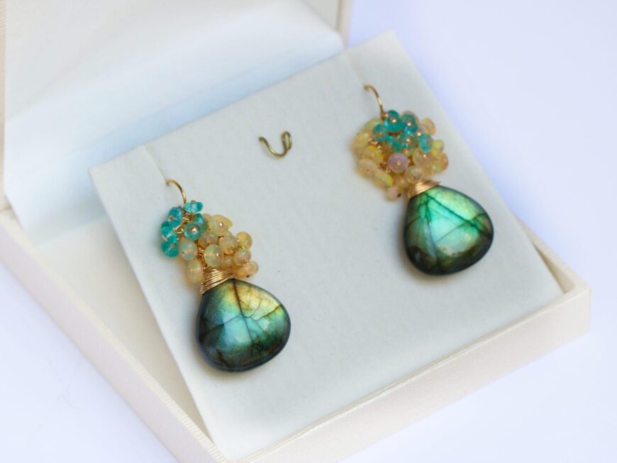 Labradorite with Ethiopian Opal and Apatite Cluster Earrings in Gold Filled