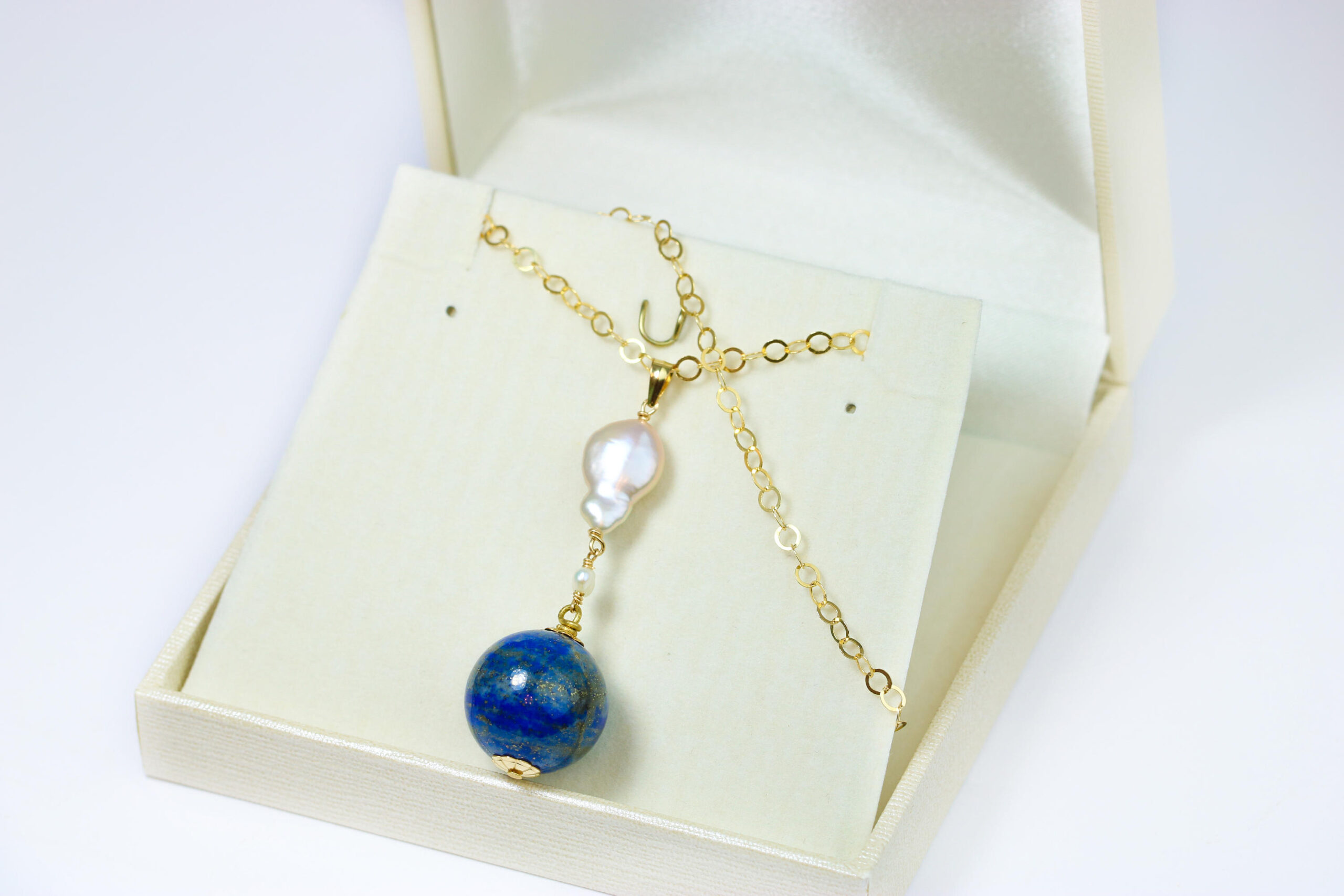 Lapis Lazuli and Pearls Long Dangle Pendant in Gold Filled