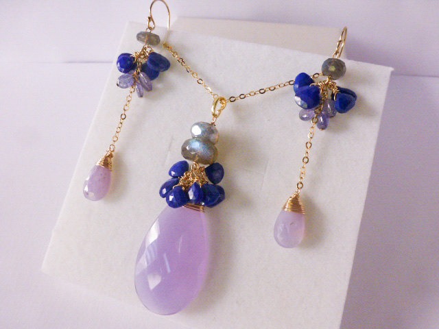 Lilac Lavender Blue Gemstone Jewelry Set in Gold Filled