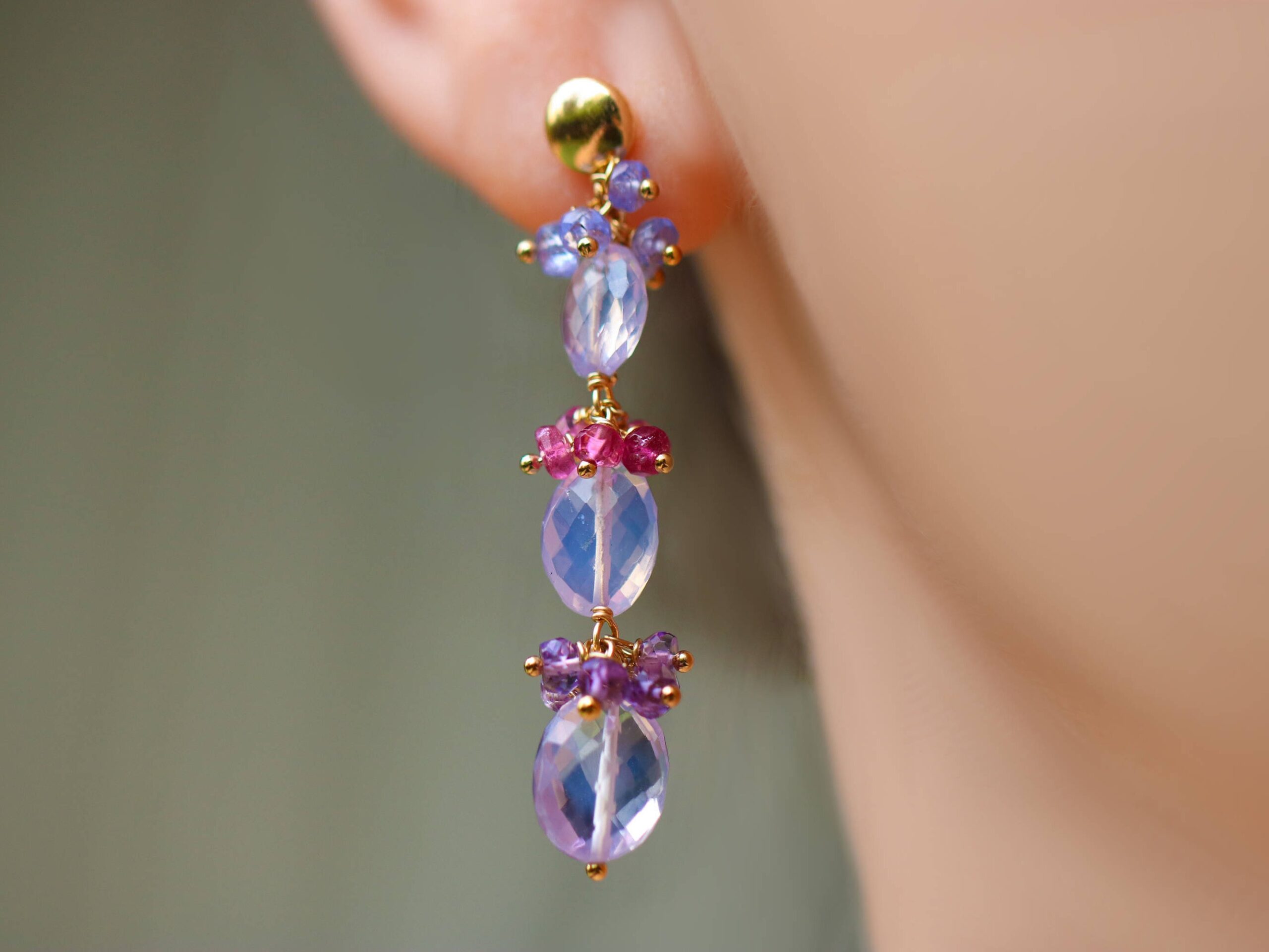 Lilac Scorolite Gemstone Earrings with Pink Tourmaline, Amethyst and Tanzanite, Dainty Dangle Earrings