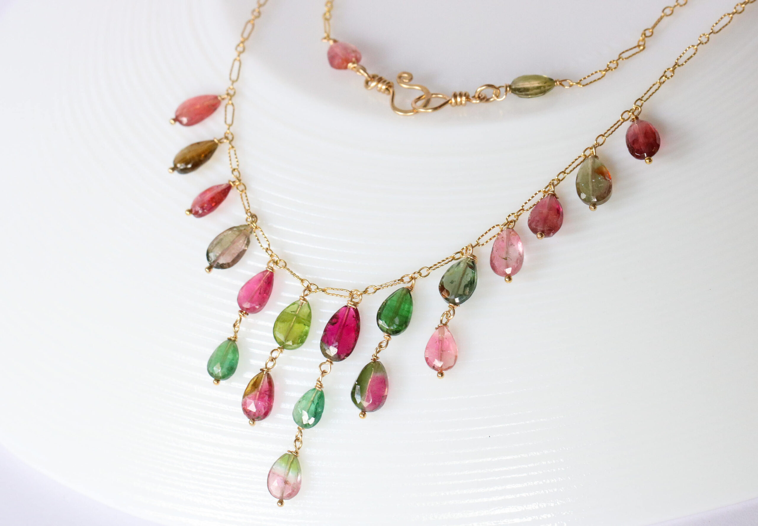 Luxury Watermelon Tourmaline Statement Bib Necklace and Earrings Jewelry Set
