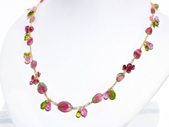 Luxury Watermelon Tourmaline Statement Necklace with Pink Sapphires, Peridot and Chrome Diopside