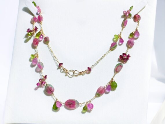 Luxury Watermelon Tourmaline Statement Necklace with Pink Sapphires, Peridot and Chrome Diopside