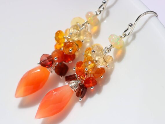 Mexican Fire Opal Dangle Earrings with Orange Carnelian Dew Drops