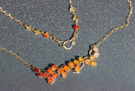 Mexican Fire Opal Gemstone Bar Necklace Wire Wrapped in Gold Filled