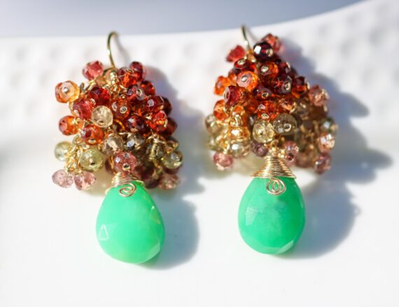 Multi Sapphire and Green Chrysoprase Gemstone Cluster Earrings in Gold Filled