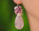 Natural Rose Quartz Briolettes with Pink Ruby, Topaz and Pearls Silver Cluster Earrings