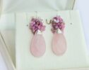 Natural Rose Quartz Briolettes with Pink Ruby, Topaz and Pearls Silver Cluster Earrings