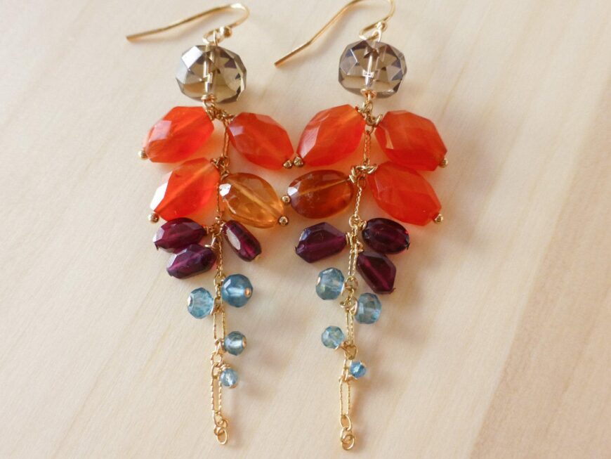 Orange Carnelian with Red Garnet and London Blue Topaz Dangle Earrings