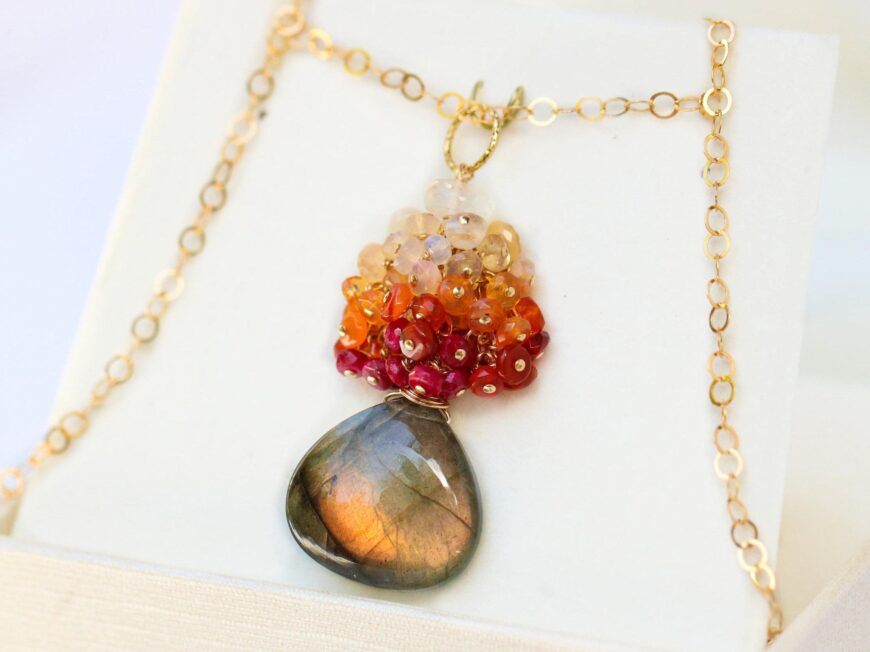Orange Flashy Labradorite with Cluster of Mexican Fire Opals and Rubies