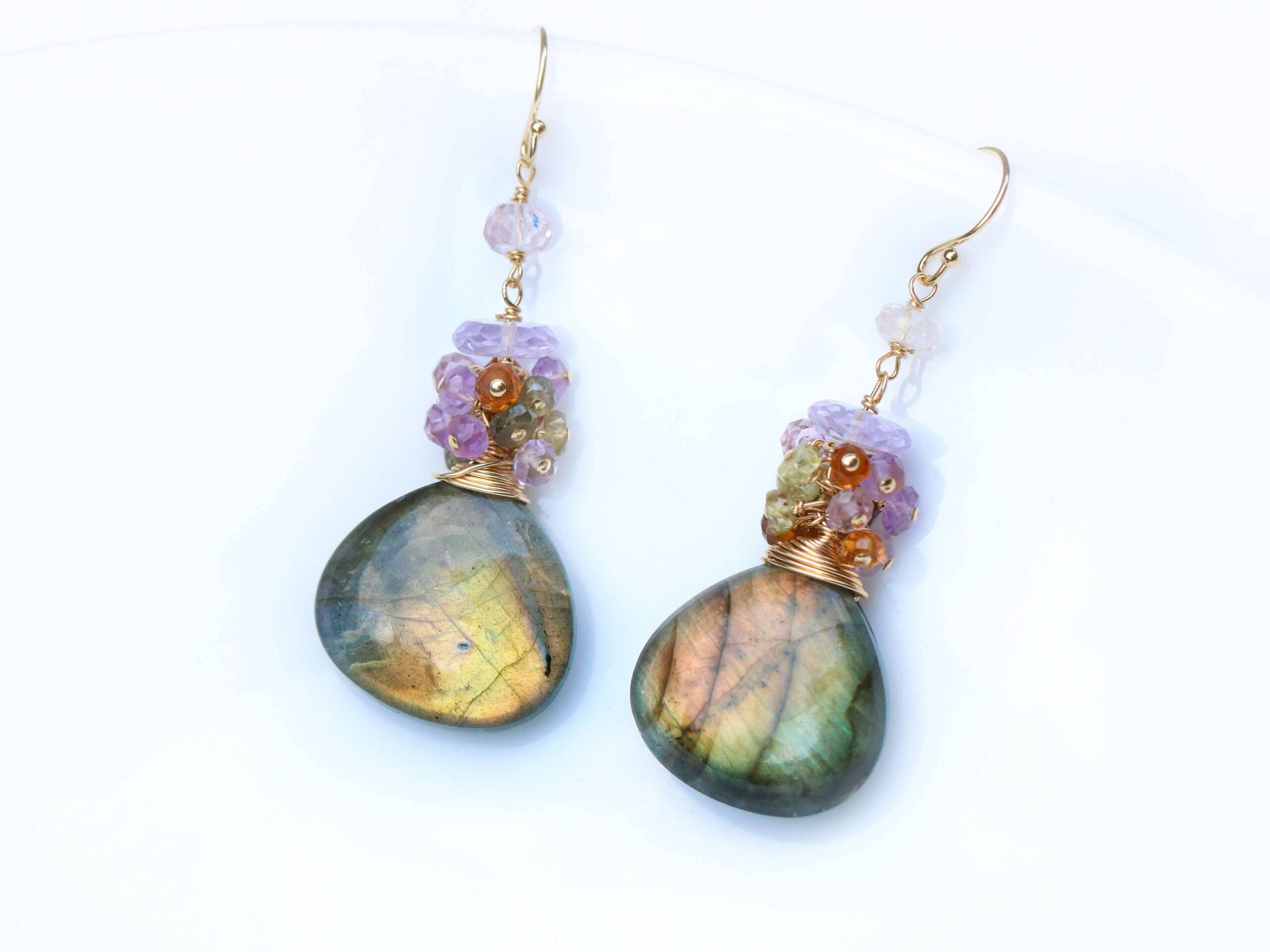 Orange Green Labradorite Earrings with clusters of Pink Amethyst and Tunduru Sapphires, One of a Kind