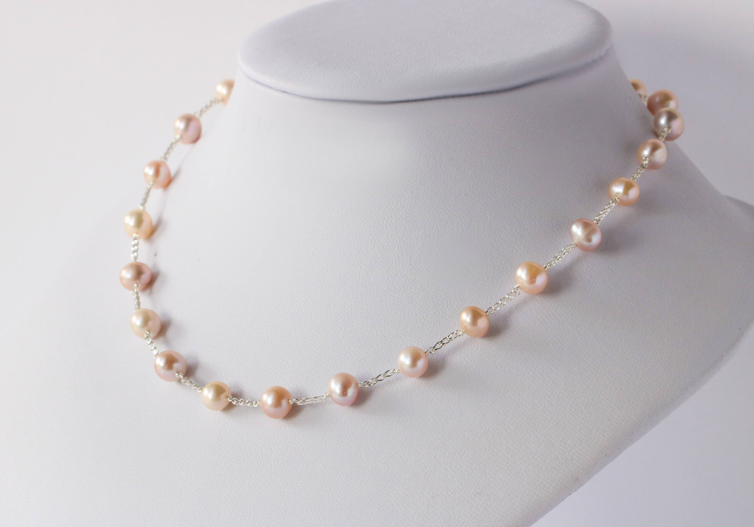 Peach and Mauve Pearl Necklace, Elegant Silver Bridal Necklace