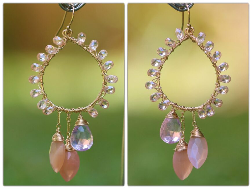 Peach Moonstone and Rose Quartz Statement Chandelier Earrings Wire Wrapped in Gold Filled