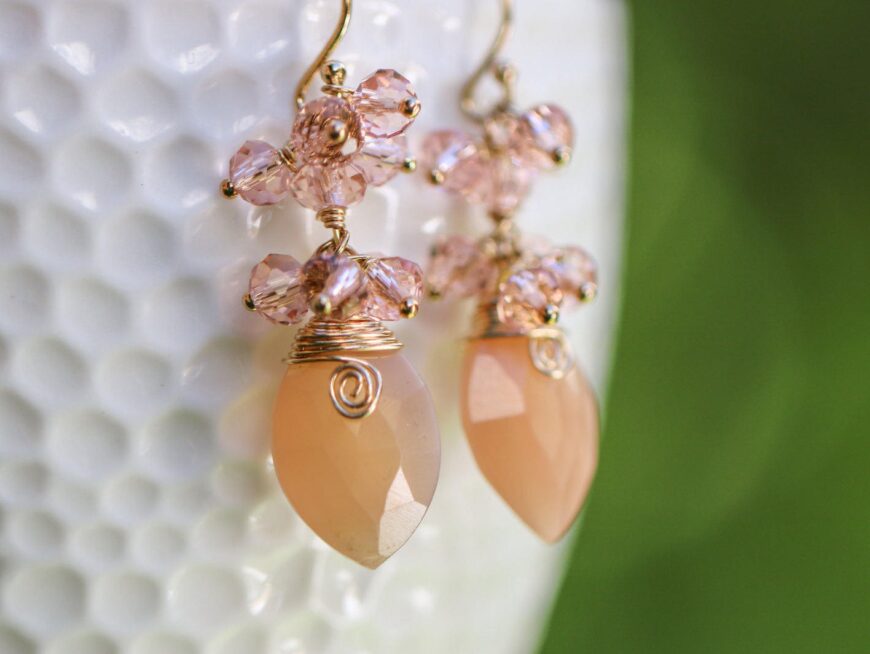 Peach Moonstone Small Cluster Earrings in Gold Filled
