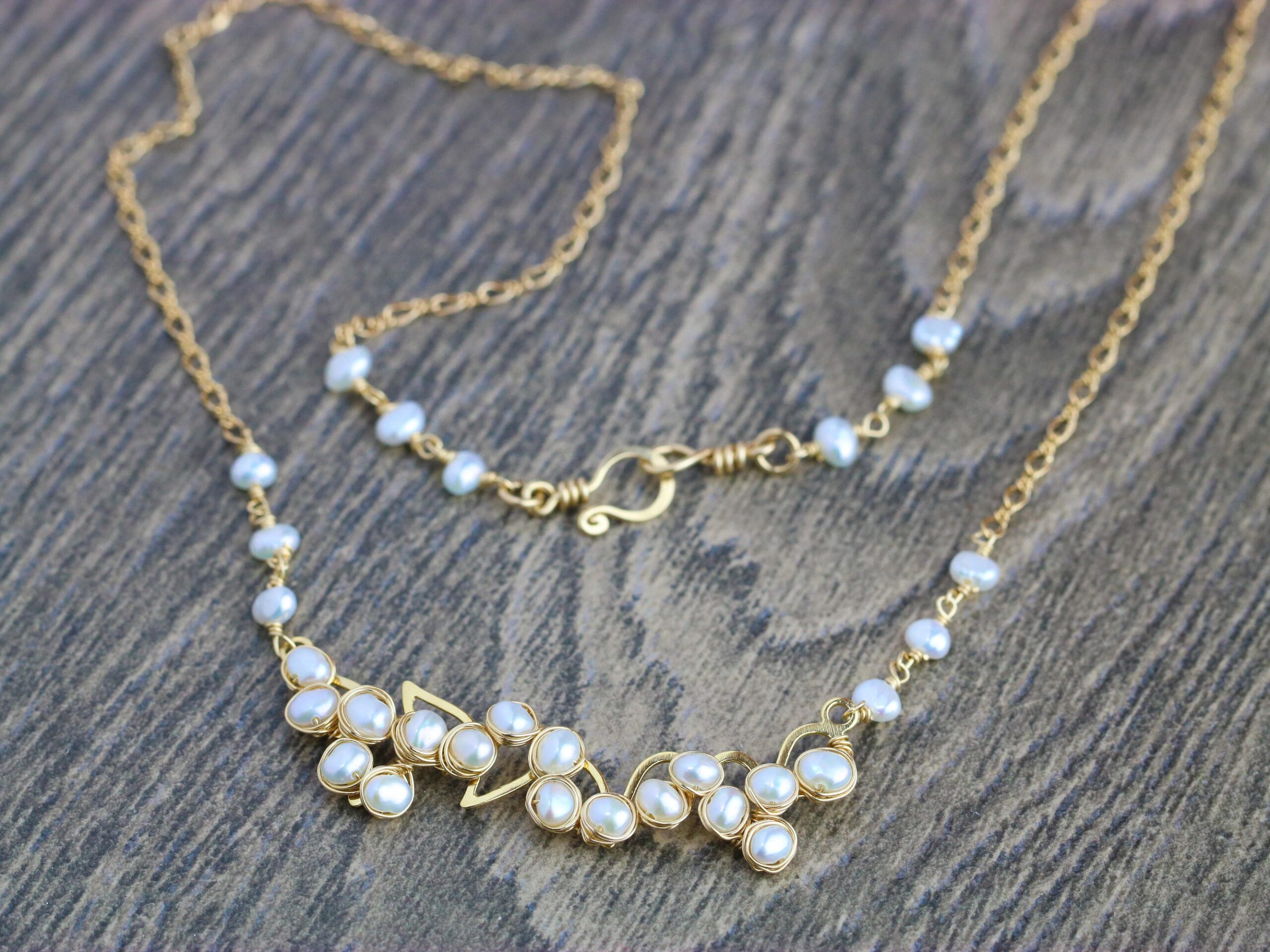 Pearl Bar Necklace Wire Wrapped in Gold Filled