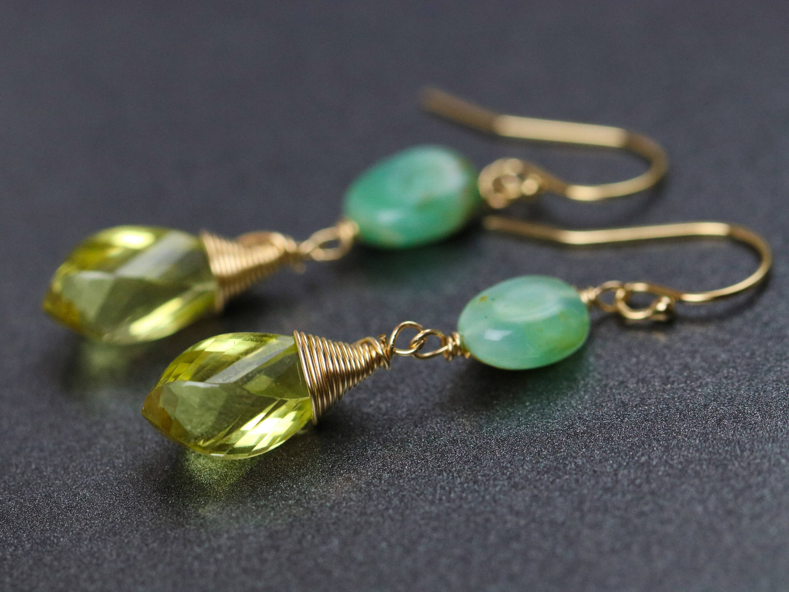 Peruvian Opal and Lemon Quartz Small Dangle Gold Filled Earrings