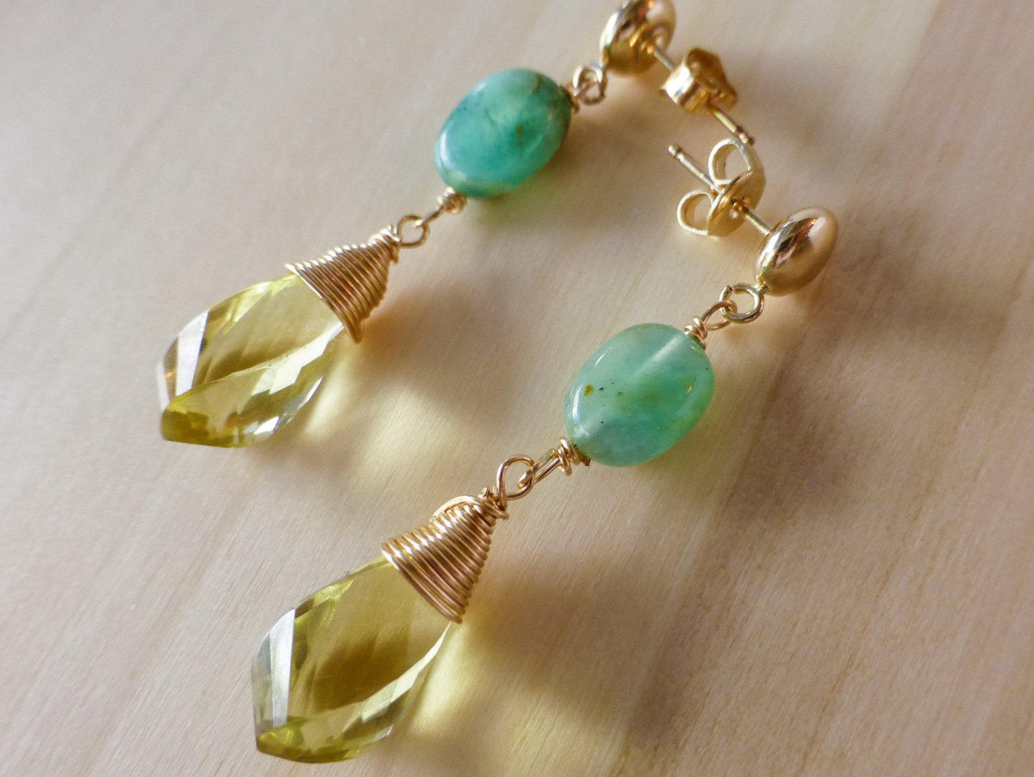 Peruvian Opal and Lemon Quartz Small Dangle Gold Filled Earrings