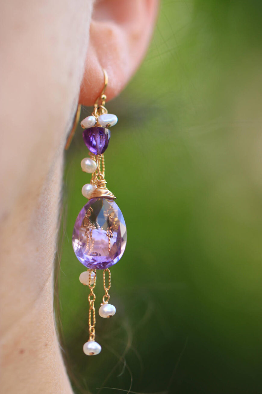 Pink Amethyst Earrings with Dangle Pearls in Gold Filled