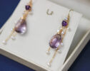 Pink Amethyst Earrings with Dangle Pearls in Gold Filled