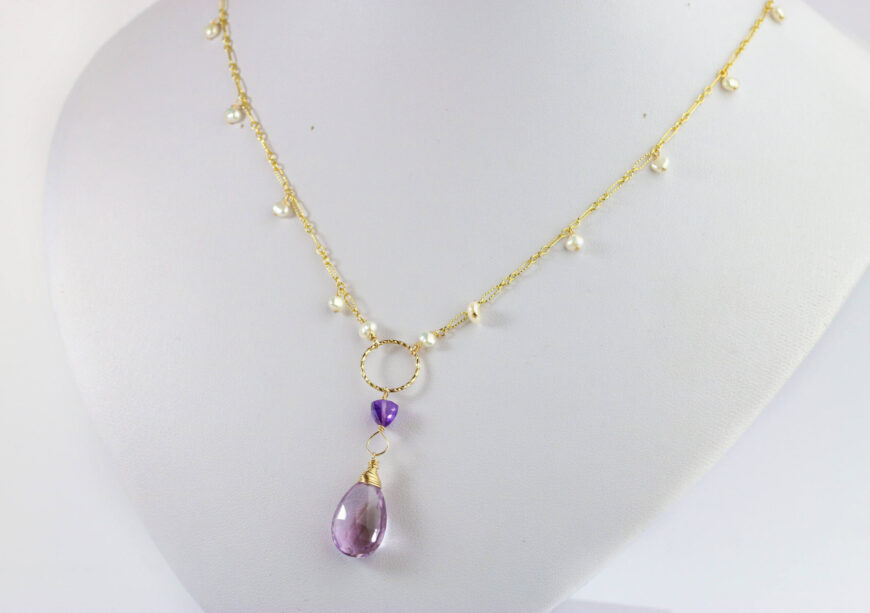 Pink Amethyst Statement Necklace with Pearls in Yellow Gold