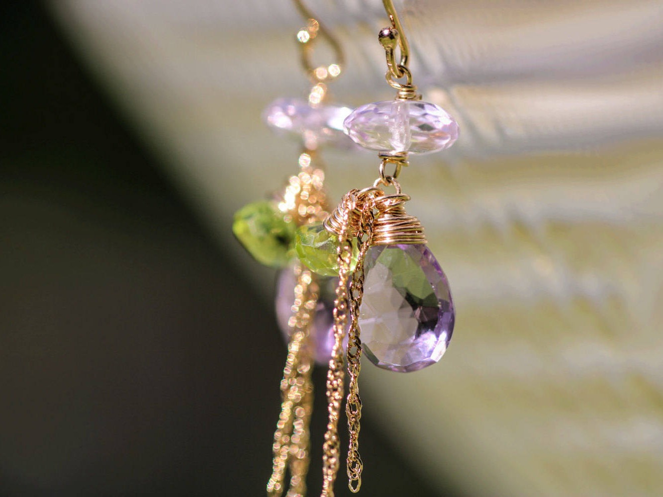 Pink Amethyst with Green Peridot Small Gold Filled Gemstone Earrings