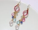 Pink and Blue Topaz Chandelier Earrings, Pink Ruby Wire Wrapped Gemstone Earrings