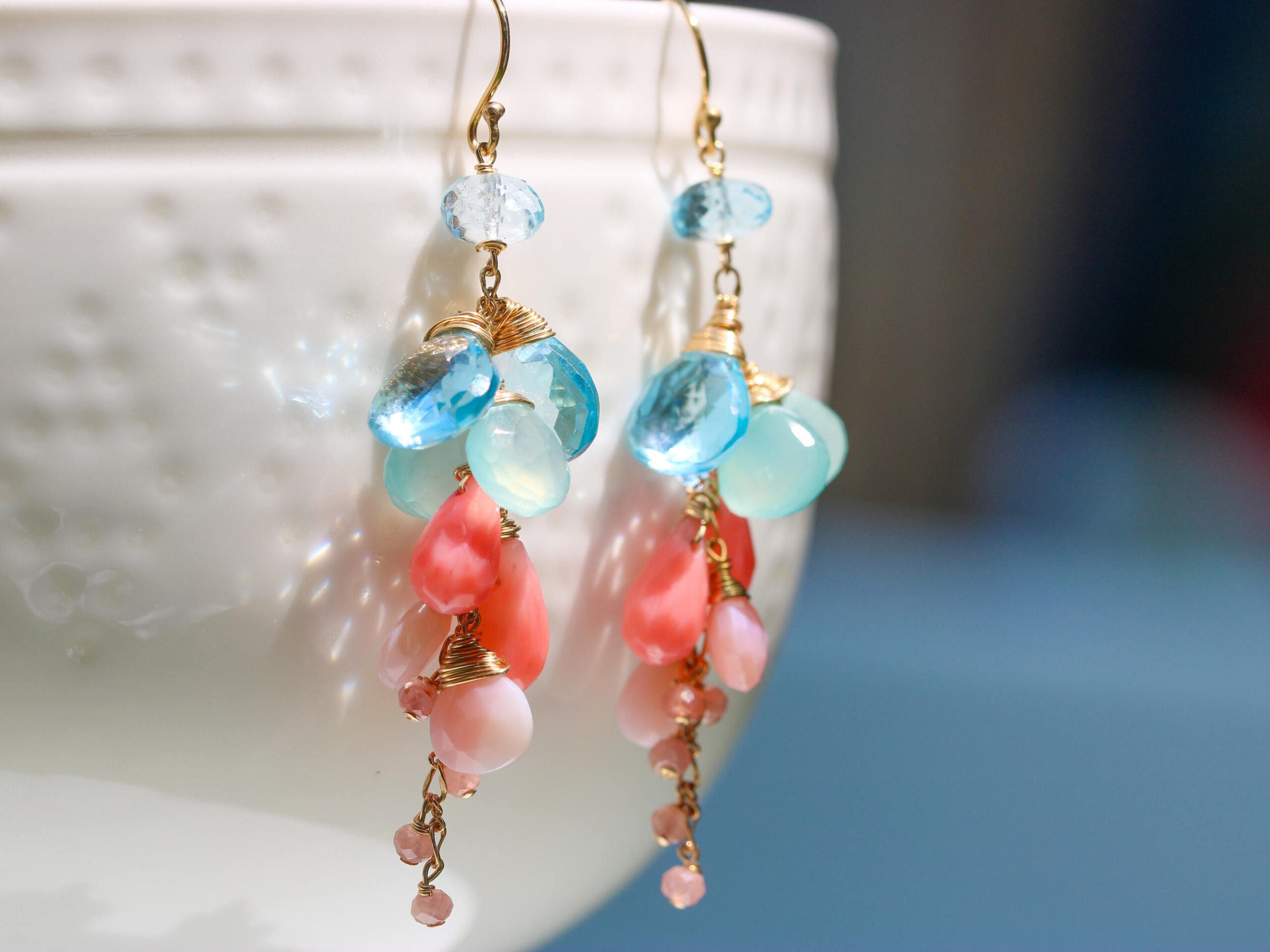 Pink Coral with Pink Opal and Blue Topaz Dangle Earrings in Gold Filled