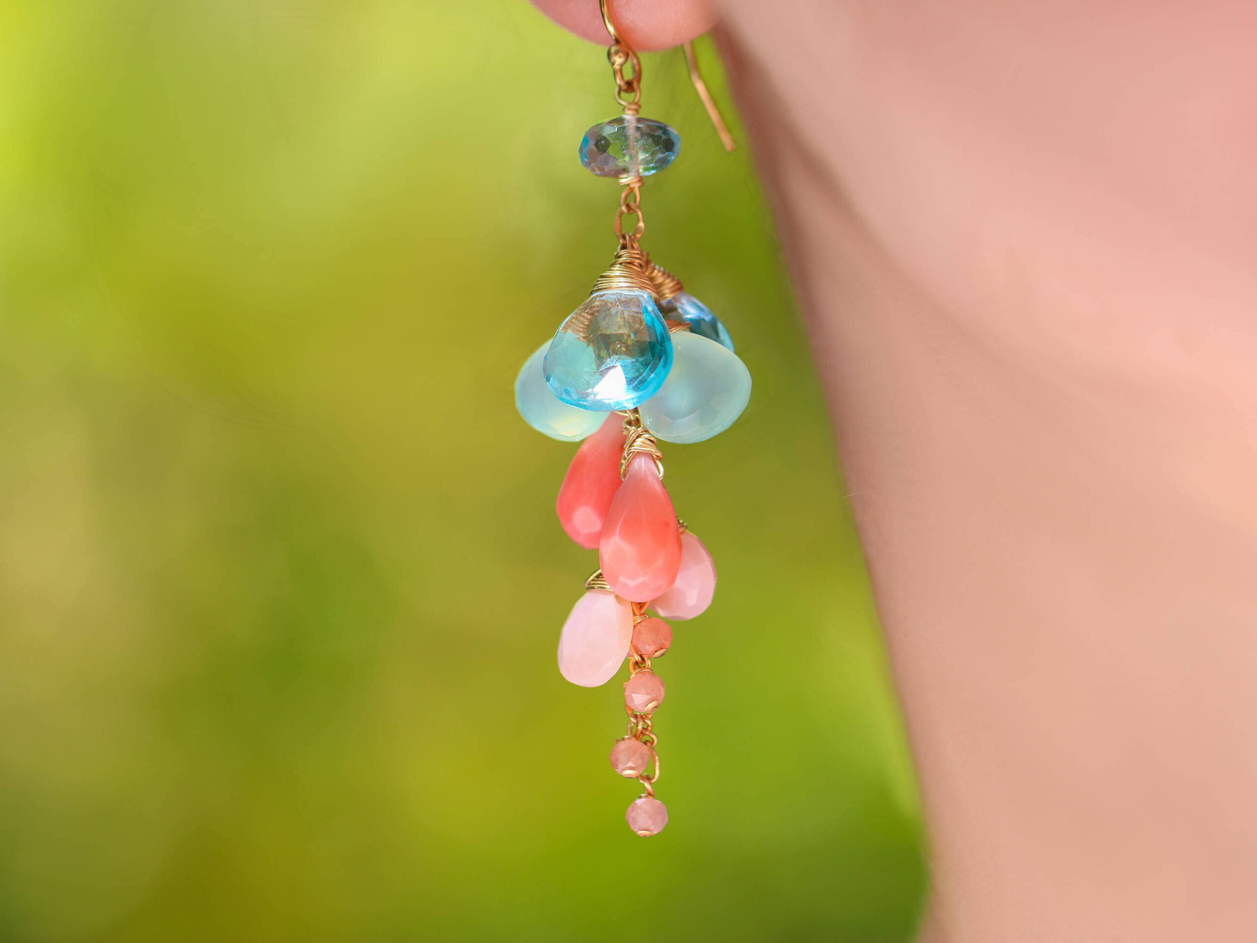 Pink Coral with Pink Opal and Blue Topaz Dangle Earrings in Gold Filled