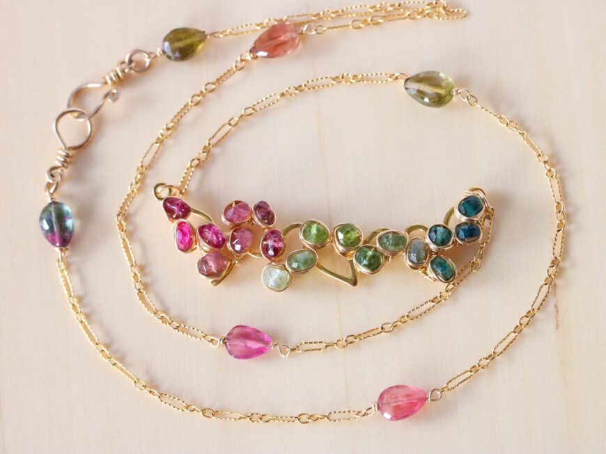 Pink, Green and Blue Watermelon Tourmaline Gemstone Bar Necklace Wire Wrapped in Gold Filled