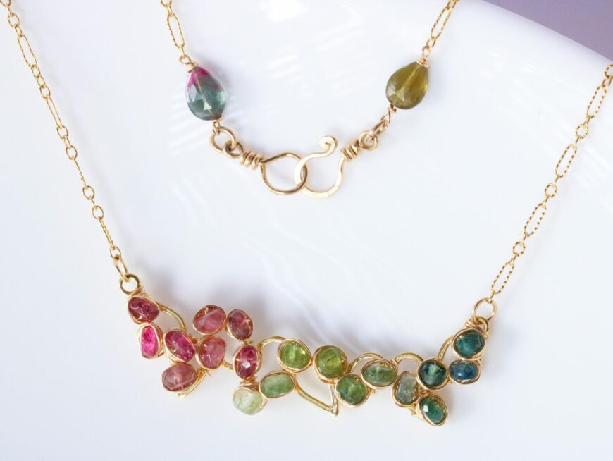 Pink, Green and Blue Watermelon Tourmaline Gemstone Bar Necklace Wire Wrapped in Gold Filled