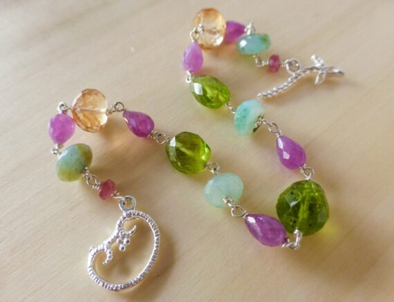Pink Green Silver Bracelet with Pink Sapphires and Green Peridot