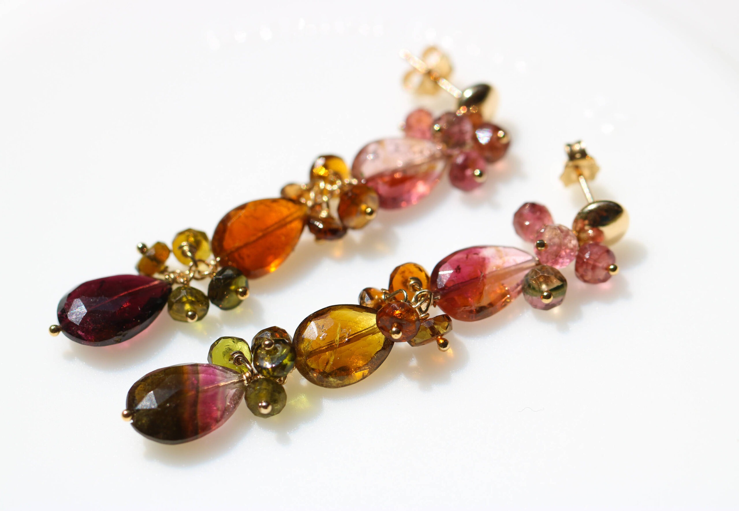 Pink, Peach, Green and Bi-color Tourmaline Dangle Post Earrings in Gold Filled, One of a Kind