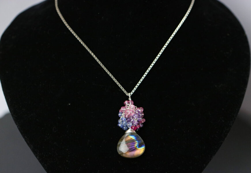 Pink Purple Labradorite with Cluster of Pink Sapphires, Tanzanites and Topaz