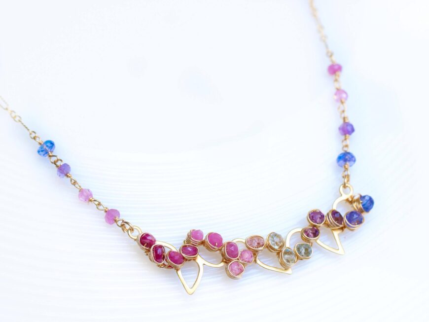 Pink Ruby, Topaz and Tanzanite Gemstone Bar Necklace Wire Wrapped in Gold Filled