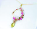 Pink Sapphire and Pink Tourmaline Statement Pendant Wire Wrapped Hoop Pendant in Gold Filled