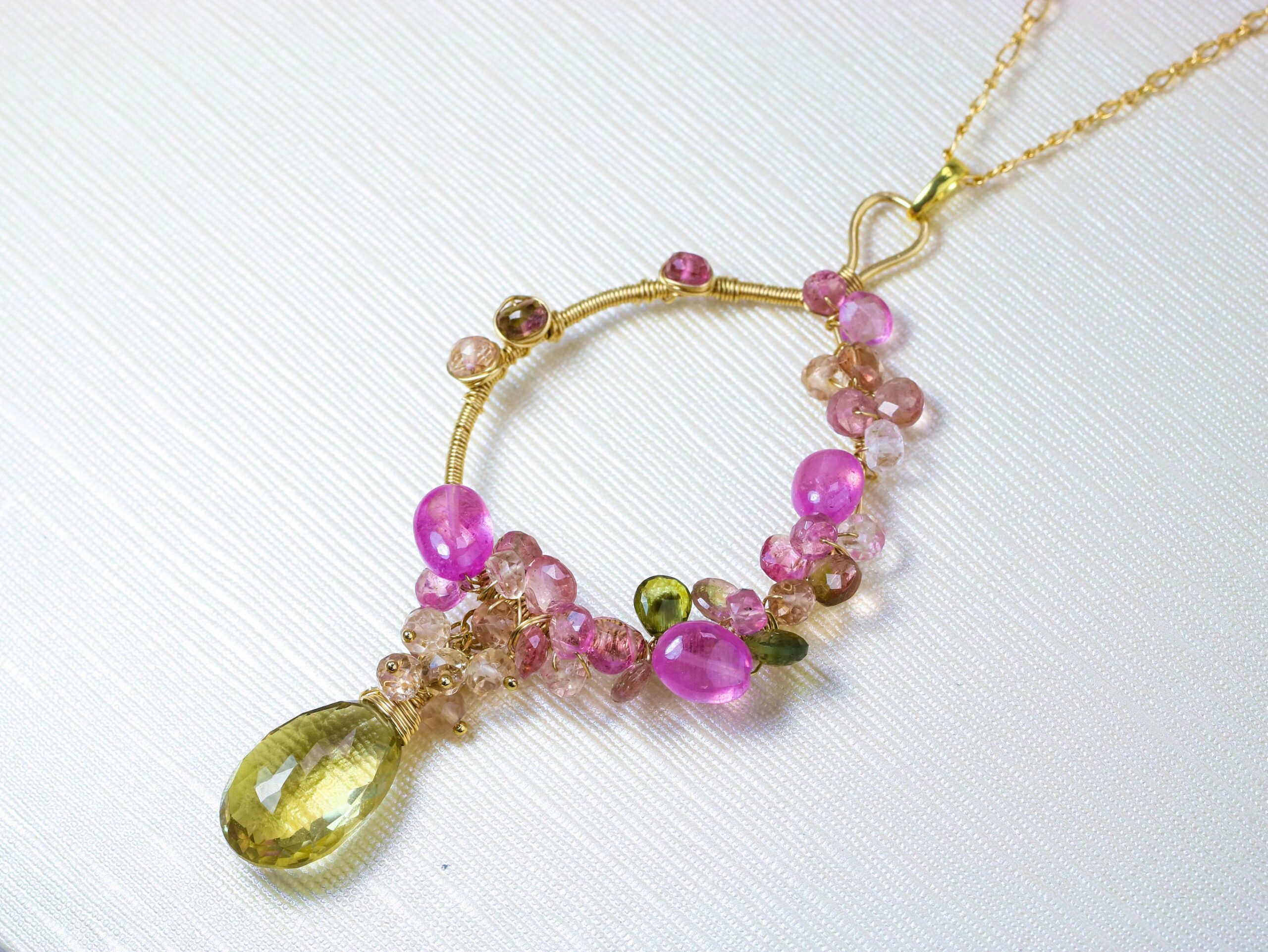 Pink Sapphire and Pink Tourmaline Statement Pendant Wire Wrapped Hoop Pendant in Gold Filled