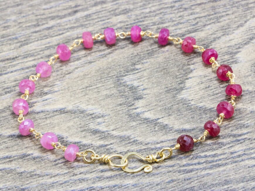 Pink Sapphire Precious Gemstone Bracelet Wire Wrapped in Gold Filled