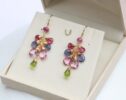 Pink Topaz and Tourmaline with Green Peridot Gemstone Cluster Earring in Gold Filled