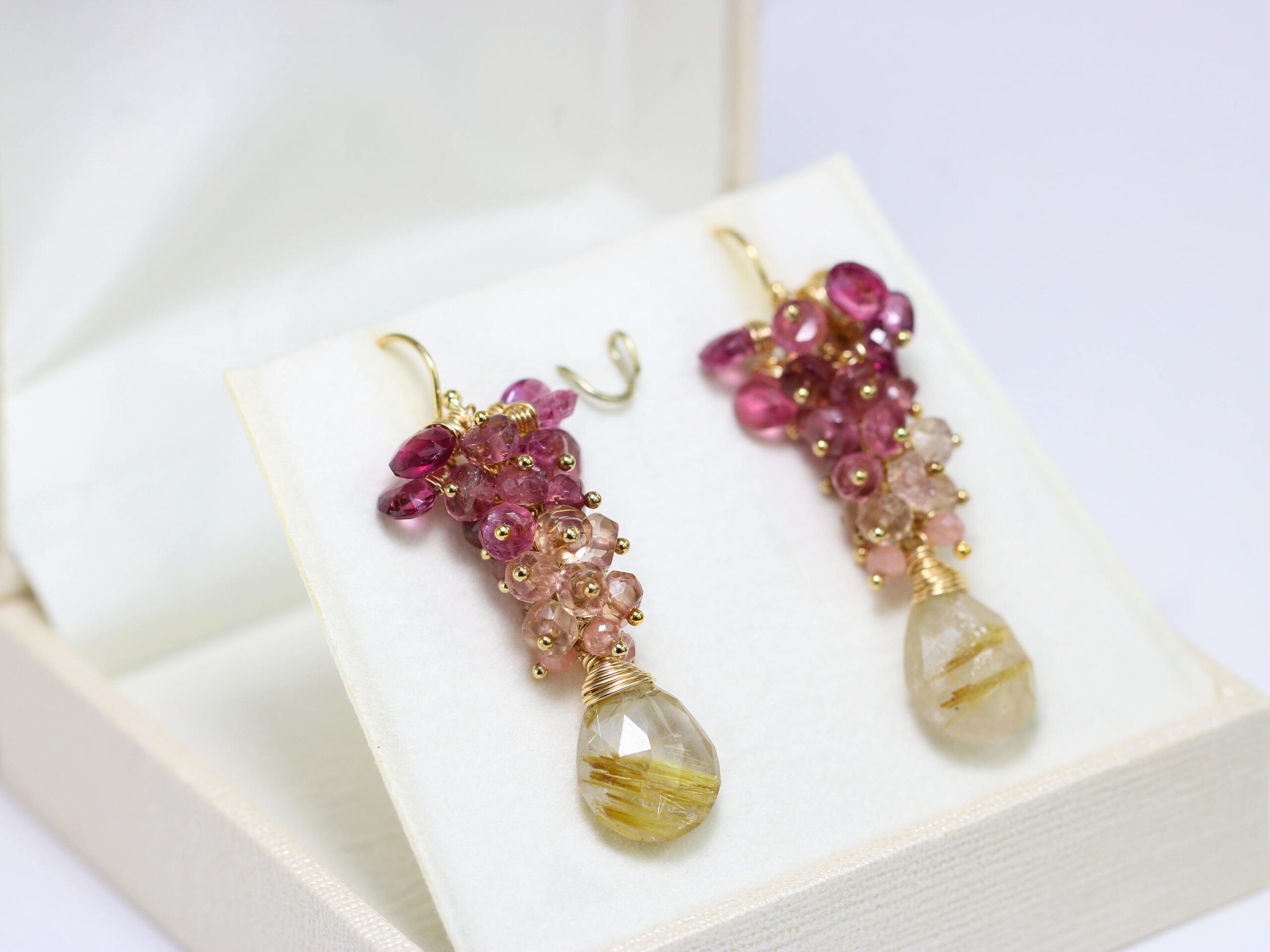 Pink Tourmaline and Golden Rutilated Quartz Gold Filled Elegant Cluster Earrings