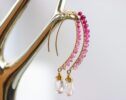 Pink Tourmaline and Rose Quartz Earrings, Handmade Open Hoop Gold Filled Earrings with Gemstone Drops