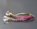 Pink Tourmaline and Rose Quartz Earrings, Handmade Open Hoop Gold Filled Earrings with Gemstone Drops