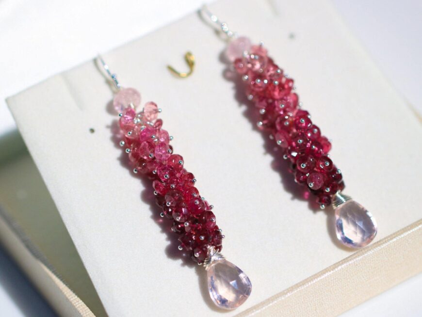 Pink Tourmaline and Rose Quartz Long Cluster Earrings in Silver