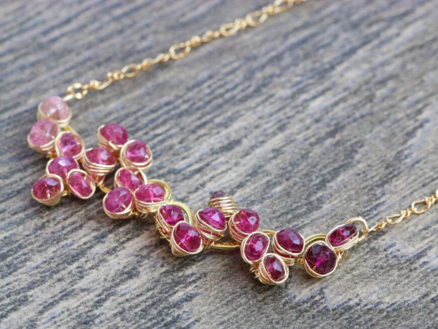 Pink Tourmaline Gemstone Bar Necklace Wire Wrapped in Gold Filled
