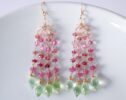 Pink Tourmaline and Pink Sapphires Long Tassel Earrings with Green Prehnites